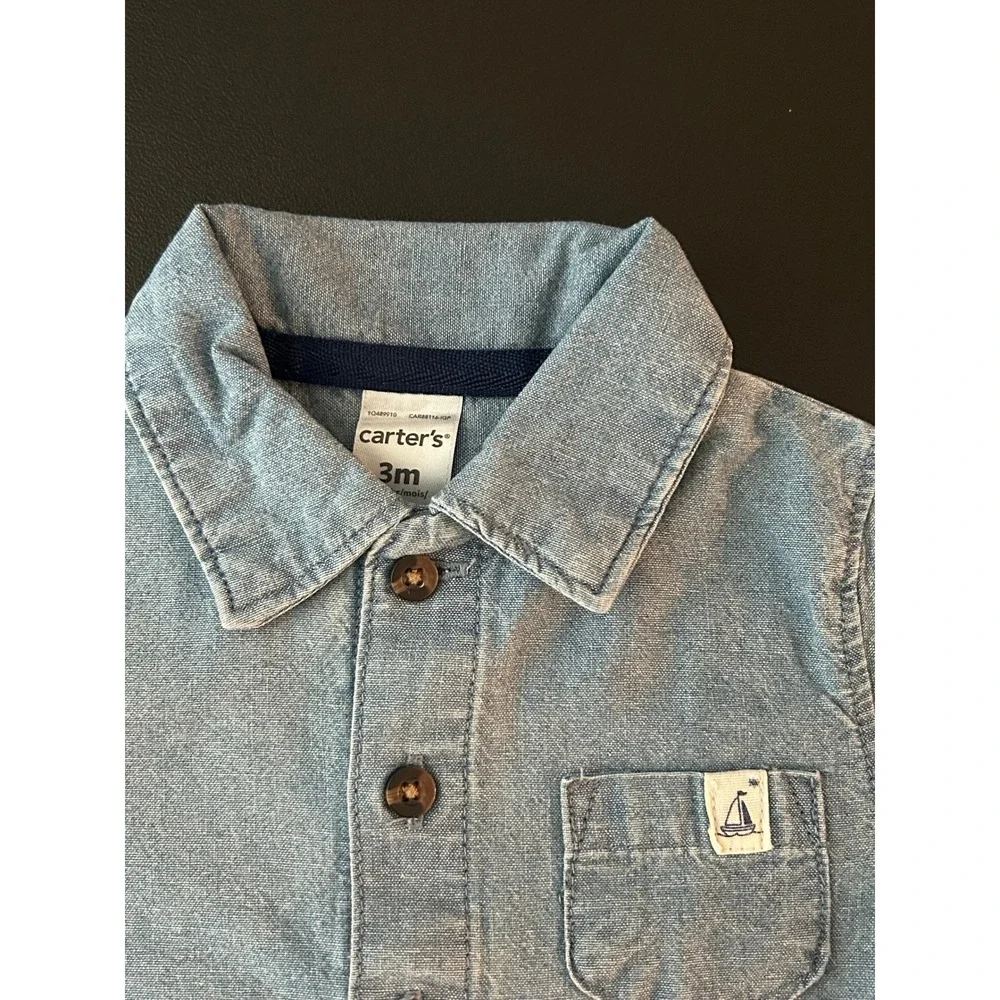 Carters Baby Boys Blue Chambray Romper 3M Nautical Sailboat One Piece (1293)